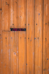 Wooden door with peeling paint and vintage handles with space for text