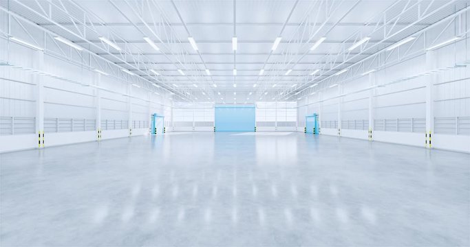 3d rendering of empty hangar and concrete floor move rotate from center of building.