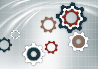 Bright abstract gears on a gray background with a technical grid, light spot effects. Modern corporate cover design, flyer, banner, brochure, wallpaper. Vector