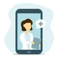 Woman doctor online from your smartphone vector illustration. Flat design. Medical consultant advice with your phone