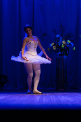 woman ballerina in a white tutu dancing performance on stage in a theater on a blue background © Kozlik_mozlik