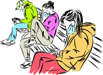 social distancing concept people sitting in bench park vector illustration