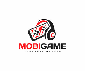 Mobile gaming logo design. Smartphone with headphones vector design. Mobile phone video games logotype
