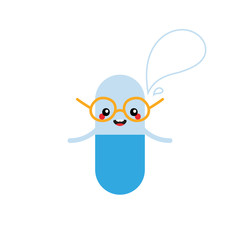 Cute cartoon pill, medication character in glasses with speech bubble, talking, giving advice or information. 
