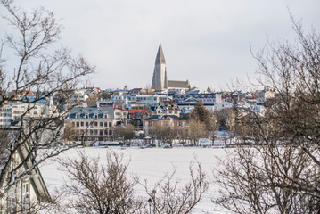 view of reykjavik church in winter