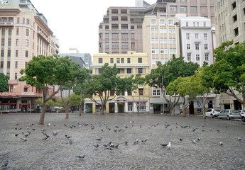 Cape Town, South Africa - 16 April 2020 : Empty streets in te normally bustling Greenmarket Square...