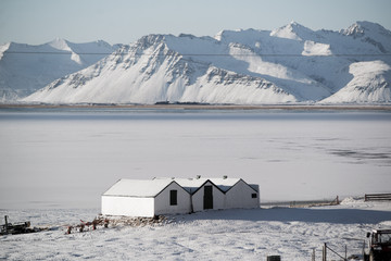 white houses in snowy landscape