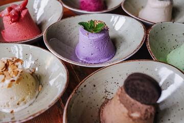 tasty handmade eco ice cream  in different colours served on a beautiful plate