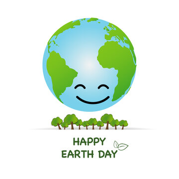 Happy Earth day celebration concept with world smile face and tree forest, vector illustration