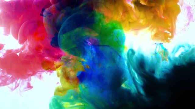 4K, Colorful drops in water, abstract color mix,  paint splash on water ,4K footage,