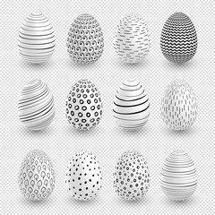 White Easter eggs wtth doodle black simple patterns on surface. Vector set on transparent background.for holiday Easter card. Vector illustration