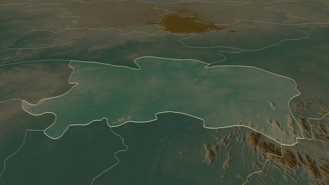 Benue, state with its capital, zoomed and extruded on the relief map of Nigeria in the conformal Stereographic projection. Animation 3D
