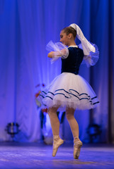 Young girls ballerina in a blue and white costume dancing ballet performance on stage in a theater © Kozlik_mozlik