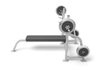 3d rendering of weight bench with metal barbell isolated on white background