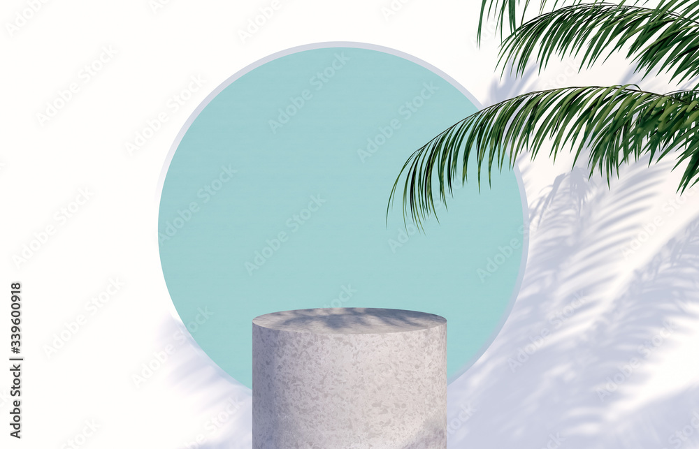 Poster natural beauty poduim backdrop with stone texture and tropical palm tree leaves shadow for cosmetic 