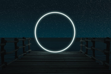 3d rendering of lighten circle on wooden bridge in front of ocean and starry sky