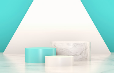 Beauty fashion summer podium backdrop for product display. minimalist blue, marble and white background. 3d render.