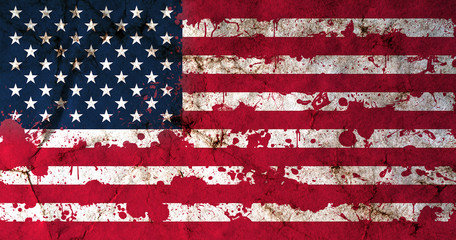 American flag with blood stains. USA national flag with blood splatters. Old retro grunge vintage style texture. Large image.
