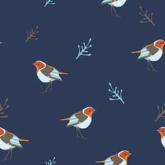 Vector seamless background with robin birds. Pattern suitable for fabric, paper or web background design