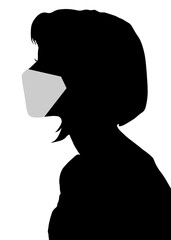 woman in mask, man in mask,medical mask, disposable face mask, doctor mask in blue illustration graphic. from the left side, male profile picture, silhouette. Of the page	
