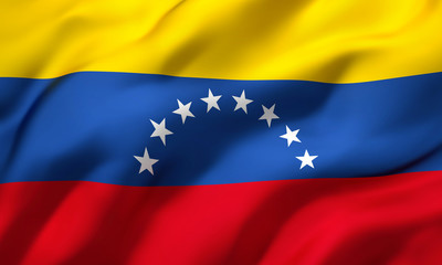 Flag of Venezuela blowing in the wind. Full page Venezuelan flying flag. 3D illustration.