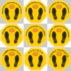 Octagonal yellow sticker, sign with the inscription Please wait at this place. In Russian, Spanish, German, French, Italian, Japanese, Chinese and Korean. Oval emoticon