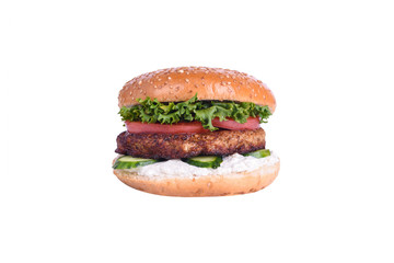 Fresh burger with chicken cutlet, cucumber, tomato, lettuce mix, feta cheese isolated on white background.