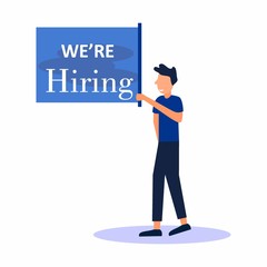A handsome man stands while holding a billboard looking into the distance in search of employees. We rented banners. The concept of recruiting and recruiting. Vector illustration.