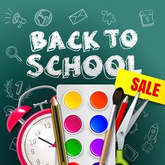Welcome back to school poster, colorful school supplies: paint, watercolor, brush, pencil, ruler, alarm clock, scissors on the green blackboard. Vector illustration. EPS 10
