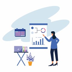 A confident young woman stands near a flip chart and points to charts and diagrams. The concept of a creative business all in blue. Office interiors. Modern vector illustration. Flat design.