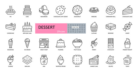 Vector set of dessert icons. Editable Stroke. Includes popular sweet dishes, pie, cake, cookies, ice cream, pancakes, milkshake, pudding, fruit salad, chocolate, yogurt, biscuit, chocolate, honey, jam - 339605590