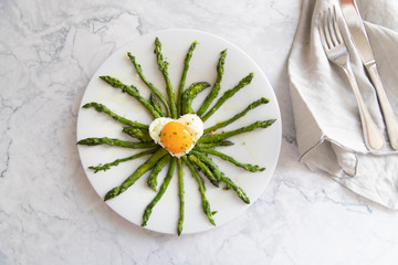 top view asparagus and heart egg
