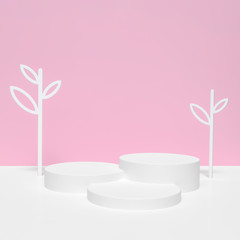 White podium stage backdrop with tree on pink and white background for product display stand or used in other designs 3d rendering. 3d illustration template minimal style summer holiday concept.
