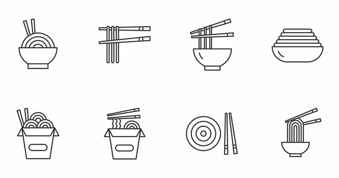 Vector set of asian noodles icons. Editable Stroke. Noodles, sticks, box, plate.