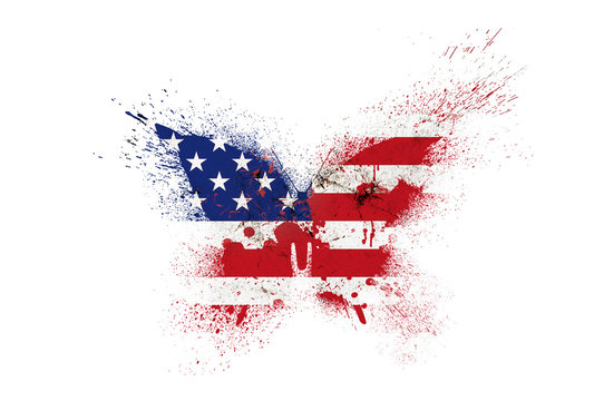 Butterfly silhouette in colors of USA national flag in grunge style with paint splatters isolated on white background. American flag in the form of a butterfly silhouette with paint splash.