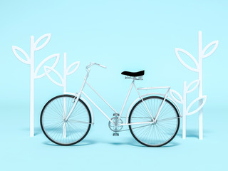 White bicycle with tree shape decoration frame 3d rendering. 3d illustration ecological urban transport. Vintage bicycle on yellow background. Relax, travel, holiday template Summer minimal concept.