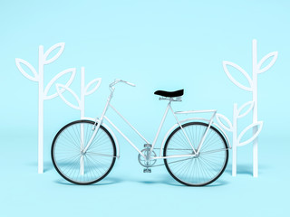 Fototapeta premium White bicycle with tree shape decoration frame 3d rendering. 3d illustration ecological urban transport. Vintage bicycle on yellow background. Relax, travel, holiday template Summer minimal concept.