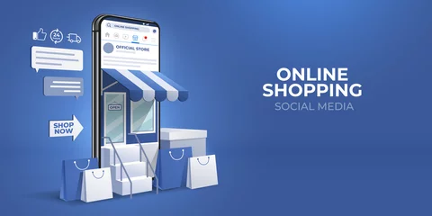 Foto op Plexiglas the concept of online shopping on social media app. 3d Smartphone with shopping bag, chat message, delivery, 24 hours, and like icon. suitable for promotion of digital stores, web and ad. illustration © AAYDESIGN