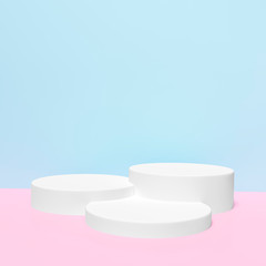 White podium stage backdrop on blue and pink two tone background for product display stand or used in other designs 3d rendering. 3d illustration template minimal beauty style concept.