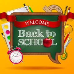 Welcome back to school, blackboard speak bubble with ribbon, red apple, alarm watch and colorful school supplies. Vector illustration. Eps10