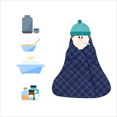 Frostbite concept. Man with hat wrapped in plaid, hot food, thermos with tea, bowl of soup, medicines, bathtub.