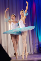 Young girl ballerina in a light blue dress tutu dancing performance of a ballet on stage in a theater © Kozlik_mozlik