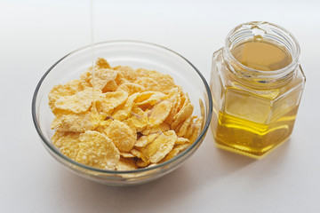 corn flakes in a glass bowl