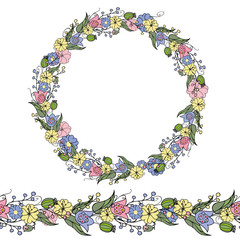Round wreath of doodle flowers. Endless pattern brush, round garland. Spring time