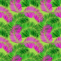Pink and  green palm leaves. Watercolor tropical seamless pattern. Design for textile, fabric, wallpaper, packaging.