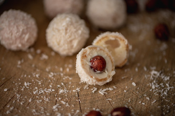 Homemade candy white chocolate, coconut and hazelnuts