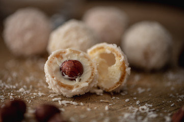 Homemade candy white chocolate, coconut and hazelnuts