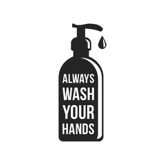 Always wash your hands Information poster with text isolated on white background, vector illustration of Handwashing Sanitizer. Hands rinsing. Washing hands flat black icon for websites and print