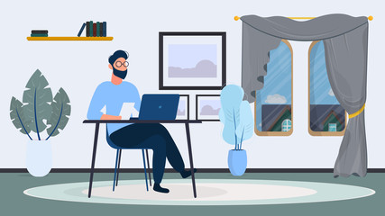 A guy with glasses sits at a table in his office. A man works on a laptop. Office, sofa, bookshelf, business man, floor lamp. Office work concept. Vector.