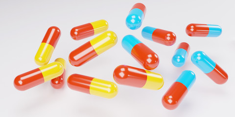 yellow and sugar capsules. and sky blue and sugar capsules pill spread on white background with shadow and copy space. 3d rendering